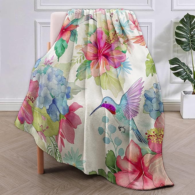 Floral Bird Blanket Gifts for Women Kids Girls Mom Soft Warm Lightweight Cozy Hummingbird Colorful Flowers Print Throw Blankets for Bedroom Living Room Birthday Mother's Day Decor 80x60in