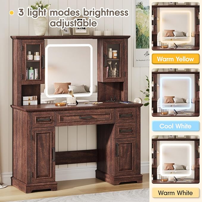 Maupvit Farmhouse Vanity Desk with Mirror and Lights, Makeup Vanity Table with Charging Station, 45" Bedroom Table with 4 Drawers and Cabinets, 3 Lighting Modes, Brown