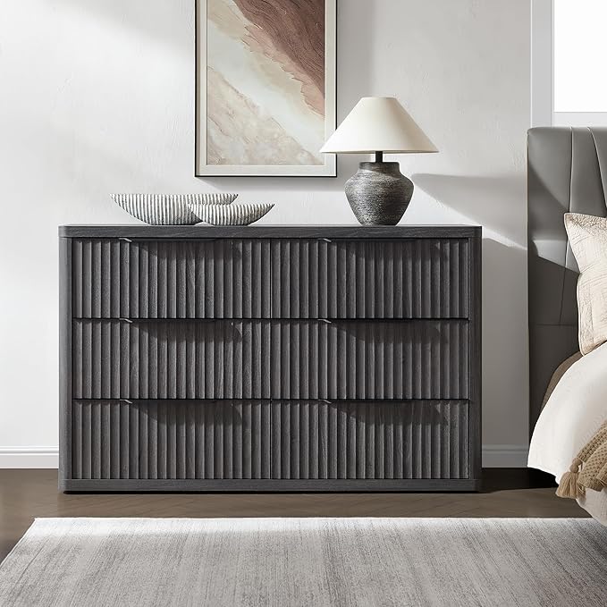 SICOTAS Dresser for Bedroom 6 Drawer Dressers & Chests of Drawers for Closet Long Large Modern TV Stand Set for Clothes Storage Fluted Wide Clothes Closet for Hallway Entryway, Dark Grey Alder