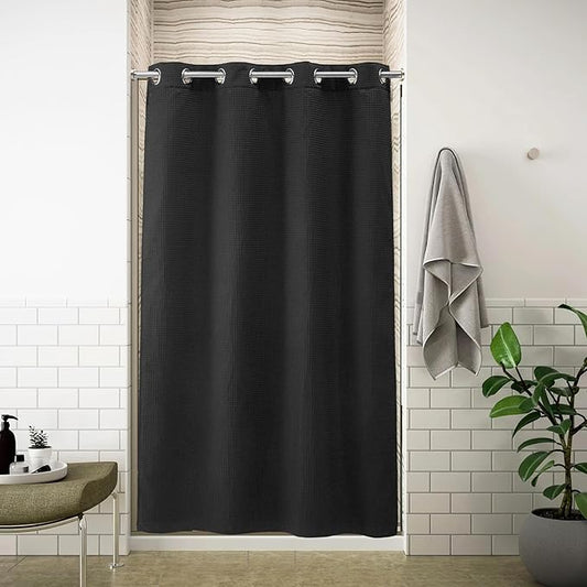 River Dream Stall Waffle Weave Shower Curtain with Snap-in Liner,Cotton Blend,No Hooks Needed Shower Curtain for Bathroom, Shower Curtain with Liner Set,Black,54x80 inches