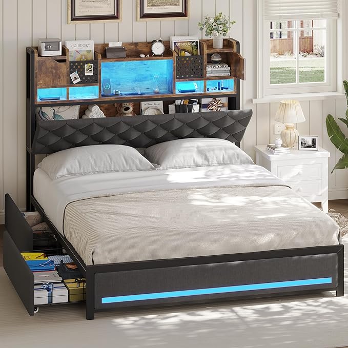 Queen Size Bed Framewith 4 Under-Bed Storage Drawers and LED Light, Queen Bed Frame with Upholstered Headboard and Charging Station,3-Tier Headboard and Hidden Storage Space,Gray