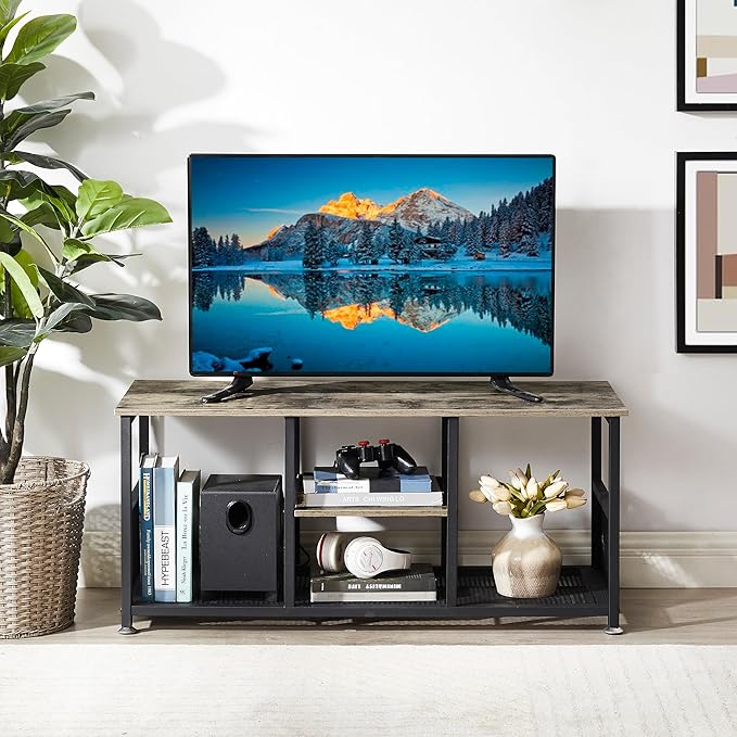 VECELO TV Stand Up to 50 Inches, 39 Inch Industrial Entertainment Center Media Console with Open Storage Shelves, Wooden Coffee Table with Metal Frame, Grey