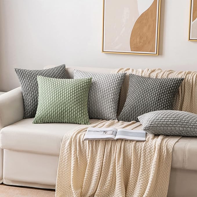 MIULEE Throw Pillow Covers Soft Corduroy Decorative Set of 2 Boho Striped Pillow Covers Pillowcases Farmhouse Home Decor for Couch Bed Sofa Living Room 16x16 Inch Dark Grey