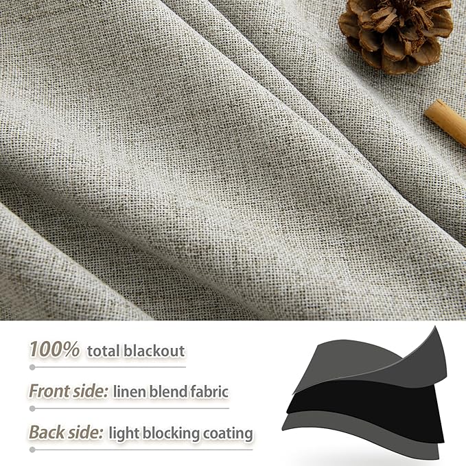 Linen Full Blackout Textured Curtains 90 Inch Length 2 Panels Set for Living Room, Back Tab Thermal Insulated 100% Black Out Beige Drapes Room Darkening Window Curtains 90 Inches Long