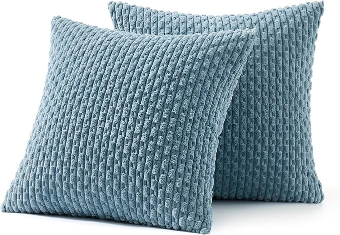 MIULEE Throw Pillow Covers Soft Corduroy Decorative Set of 2 Boho Striped Pillow Covers Pillowcases Farmhouse Home Decor for Couch Bed Sofa Living Room 20x20 Inch Blue Grey