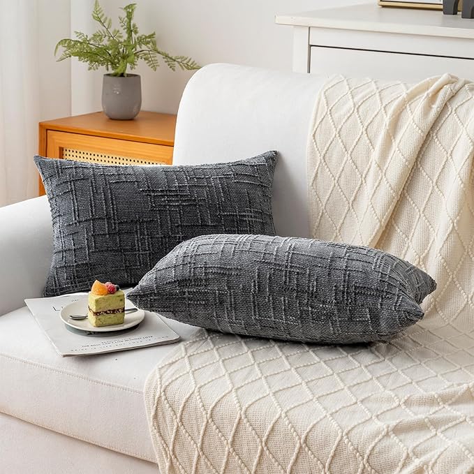 Decorative Throw Pillow Covers 12x20 Inch Set of 2, Soft Solid Farmhouse Chenille Couch Pillows, Spring Pillow Covers for Couch Sofa Bed Living Room Home Decor Pillowcase, Dark Gray