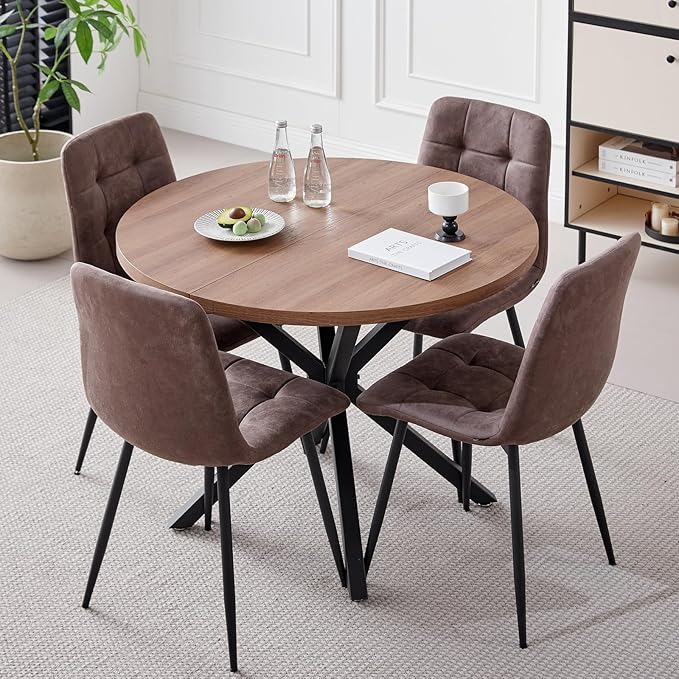 39" Round Dining Table Set for 4, Mid Century Kitchen Table with 4 Faux Leather Dining Chairs for Apartment Living Room Space Saving