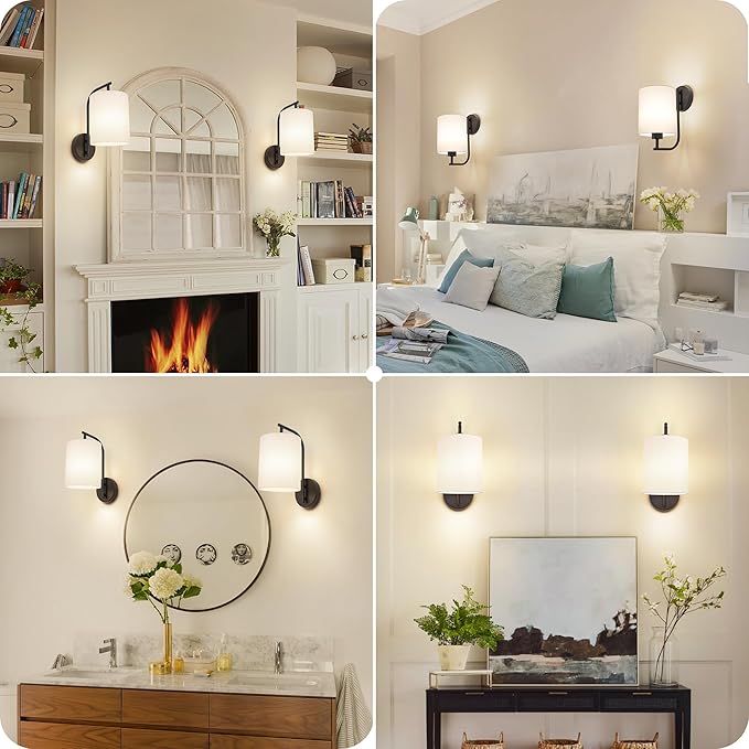 Battery Operated Wall Sconce Set of 2, Black Rechargeable Dimmable Wall Light Fixture Remote, 12 RGB Colors & Timer, Wireless Lamp White Shade