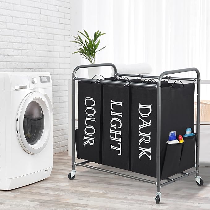 STORAGE MANIAC 3 Section Laundry Sorter, 35.9 Gal (136 L) Laundry Hamper Cart with Heavy Duty Rolling Lockable Wheel and Removable Bag, Clothes Organizer Basket Clothes Separator Hamper, Label Black