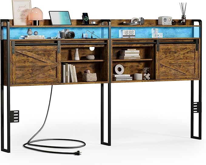 wanan King Size Headboard with Storage, 3 Tier, LED Light, Sliding Barn Doors, Width Adjustable (Rustic Brown, King)