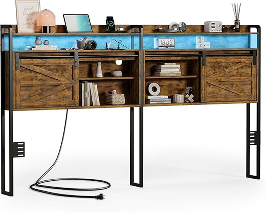 wanan King Size Headboard with Storage, 3 Tier, LED Light, Sliding Barn Doors, Width Adjustable (Rustic Brown, King)