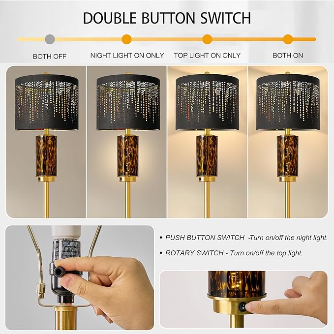 Oneach 63.75" Floor Lamp for Living Room, Modern Gold Lamp with LED Leopard Glass Night Light, Vintage Standing Lamp, Black Lampshade, Unique Luxury Tall Lamp for Bedroom Home Office(Bulb Included)