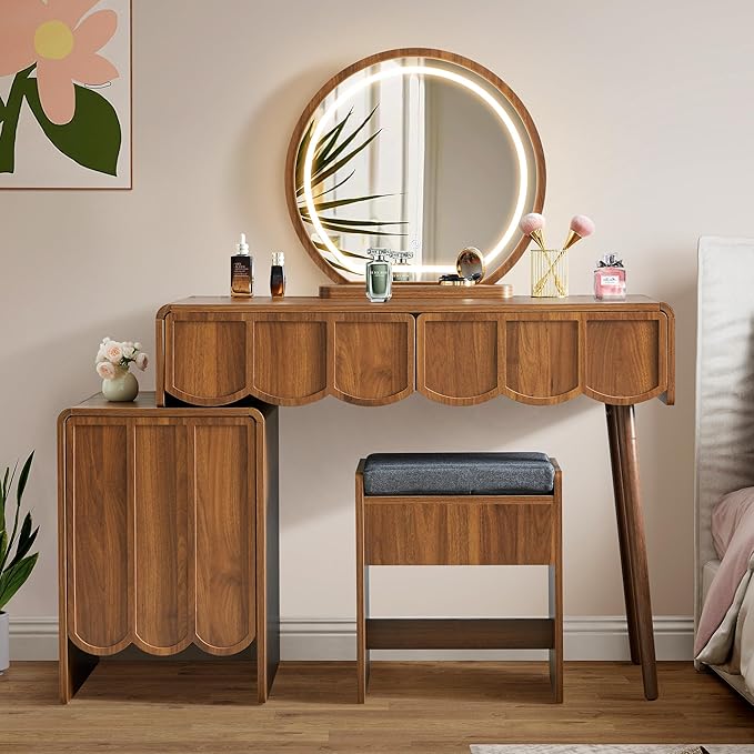 ORRD Vanity Desk with Mirror and Lights, Modern Wood Wave Panel Vanity Desk Set Makeup Table with Drawers and Cabinet, Dressing Table with Storage for Bedroom, Walnut