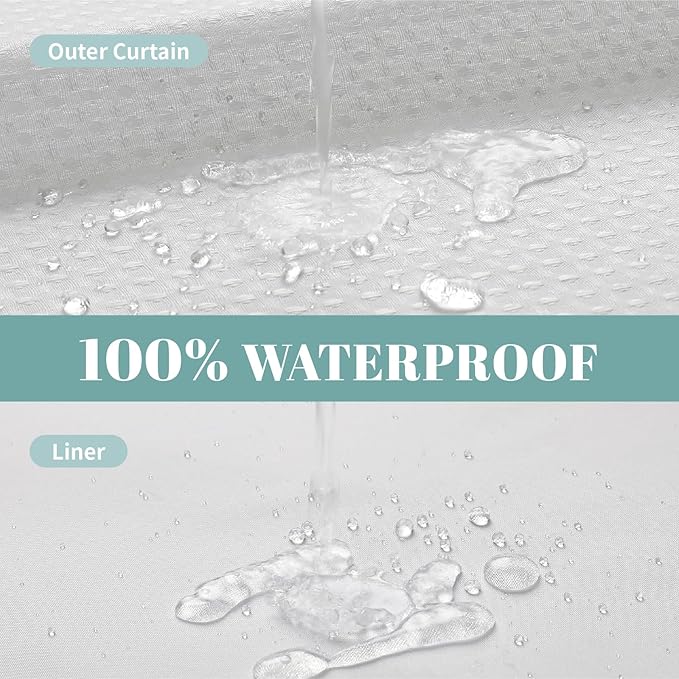 Stall White No Hook Waffle Weave Shower Curtain with snap-in Liner Replacement, 230GSM Waterproof Fabric Hotel Shower Curtain Set for Bathroom, Through Mesh Top Window,54Wx80H