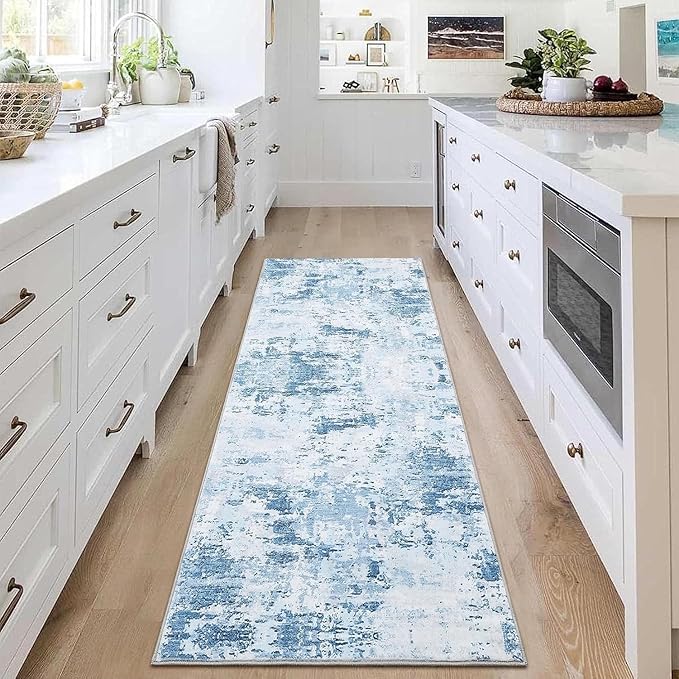 Modern Abstract 2x10 Runner Rug Non Slip Non Shedding Low Pile Stain Resistant Rug for Hallway Kitchen Bedroom, Light Blue
