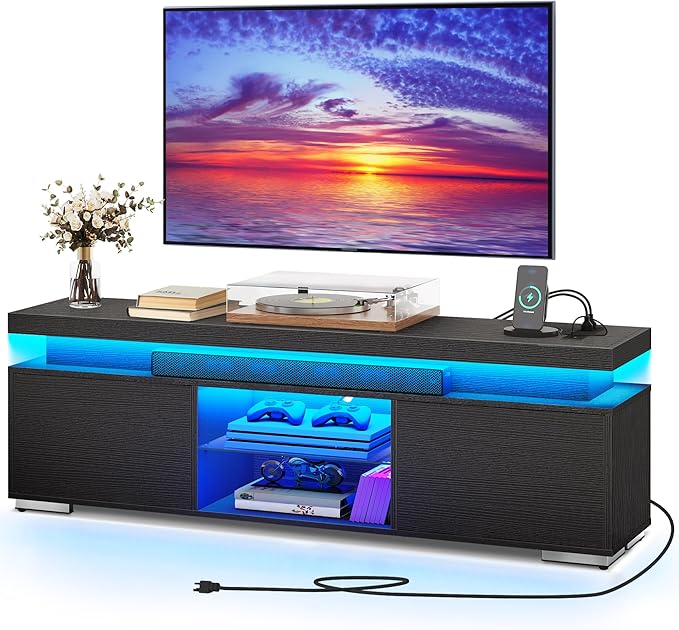 YITAHOME Black TV Stand for 65 inch TV, Entertainment Center with Storage, Modern LED TV Stand w/Power Outlets for Living Room, TV Console Media Cabinet, Black