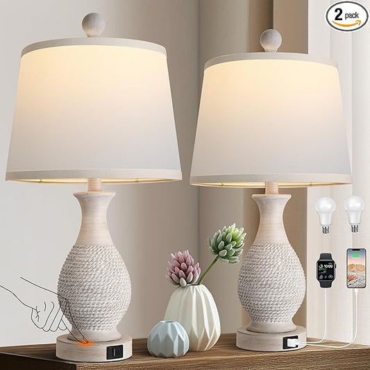 PARTPHONER Traditional Table Lamps Set of 2, Bedside Touch Lamp with USB C+A Charging Ports, Rustic Farmhouse Table Lamps for Living Room Bedroom, Side Table Lamp with White Fabric Shade, Antique Grey