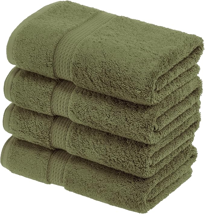 Superior Egyptian Cotton Pile Hand Towel Set of 4, Ultra Soft Luxury Towels, Thick Plush Essentials, Absorbent Heavyweight, Guest Bath, Hotel, Spa, Home Bathroom, Shower Basics, Forest Green
