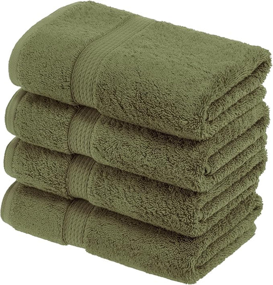 Superior Egyptian Cotton Pile Hand Towel Set of 4, Ultra Soft Luxury Towels, Thick Plush Essentials, Absorbent Heavyweight, Guest Bath, Hotel, Spa, Home Bathroom, Shower Basics, Forest Green