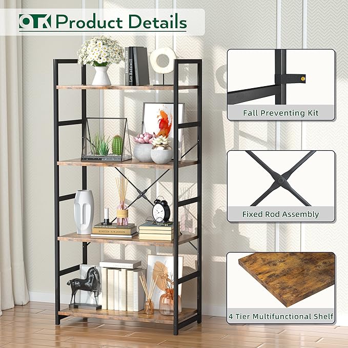 OTK 4 Tier Bookshelf, Tall Bookcase, Office Shelf Storage Organizer, Modern Book Shelf for Living Room, Bedroom, and Home Office, Vintage
