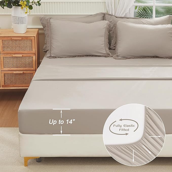 Andency Wheat Queen Size Comforter Set with Sheets - 7 Pieces Boho Tassel Bed in a Bag Soft Lightweight Bedding Sets, Wheat Fringe Bed Set with Comforter, Sheets, Pillowcases & Shams