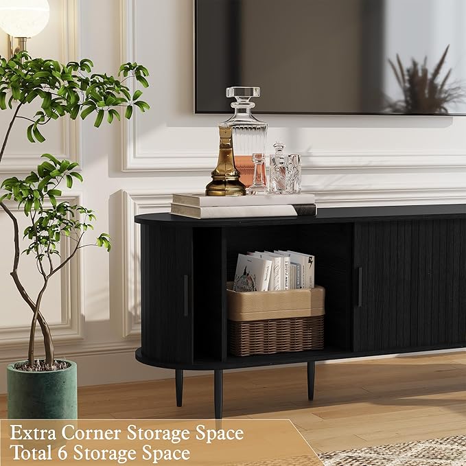 ARTPOWER 70" Modern TV Stand with Tambour Door for TVs up to 80", Entertainment Center with Storage, Fluted Television Consoles for Living Room, Black