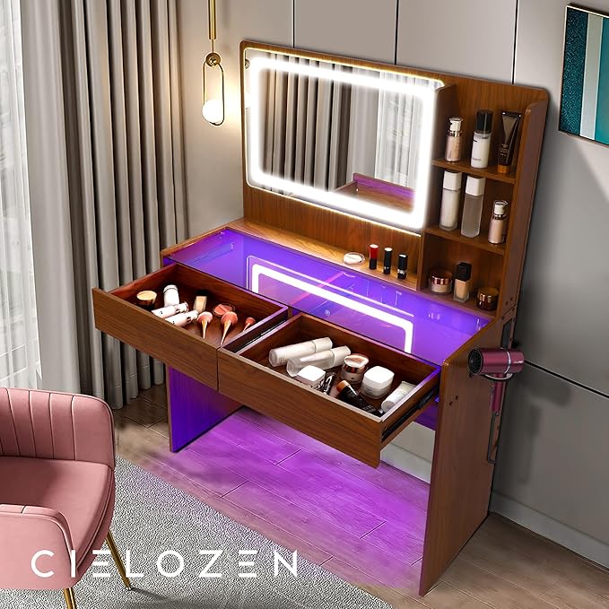 Vanity Desk，Transparent Desktop, Multiple Color Ambient Lights, with Mirror and Tri Color Light Strip, Dressing Table with Charging Station, Equipped with 2 Drawers, Peach Colored