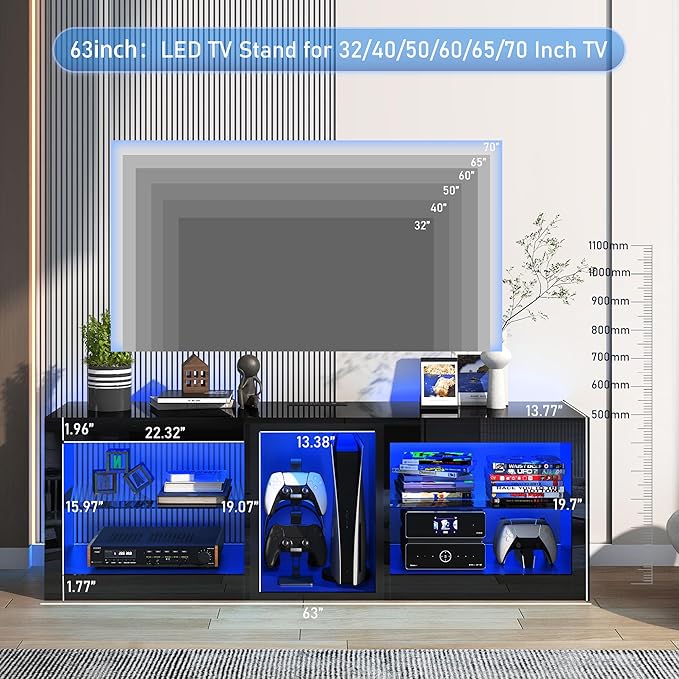 Vinctik 6&Fox LED TV Stands w/Power Outlet,60,00-Colors Lighting for 65 70in TV, 63" Modern High Gloss Entertainment Center,TV Console W/Adjustable Glass Shelves for Living Room Game Bedroom (Black)