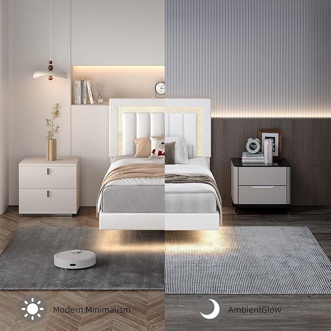HOMBCK Floating Bed Frame Full with Smart LED Lights, Faux Leather Upholstered Platform Bed with Diamond PU Headboard, No Box Spring Needed, Noise-Free, Easy Assembly, White