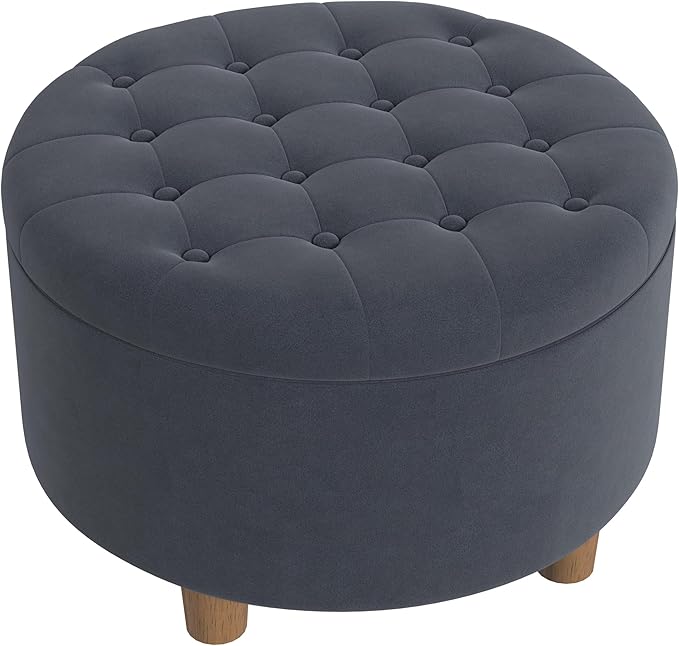 HomePop Home Decor | Button Tufted Velvet Round Storage Ottoman | Ottoman with Storage for Living Room & Bedroom, Steel Blue Velvet
