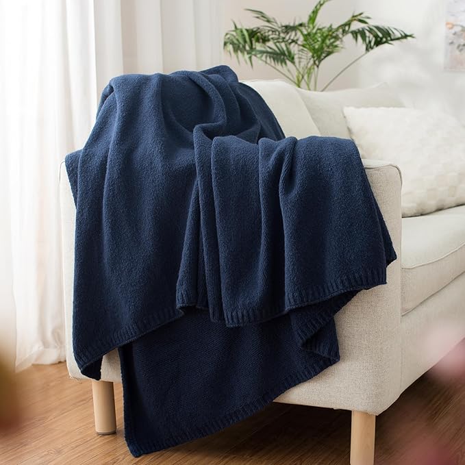 Carriediosa Wool Blend Knit Throw Blanket 50" X 60", 50% Recycled Polyester Soft Cable Knitted Fluffy Throws for Couch Lightweight Woven Blankets for Sofa Fuzzy Cozy Bed Cover, Indigo Blue