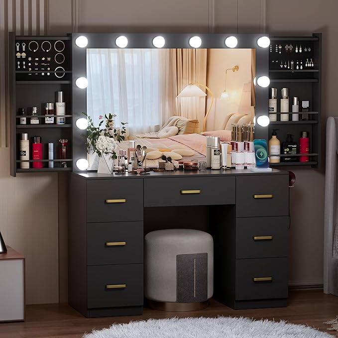 Black Makeup Vanity Desk with Lighted Mirror & Power Outlet,3 Color Modes, Brightness Adjustable,Vanity Table with Drawer,Sliding 2 Storage Wall-Mounted Jewelry,4 Shelves for Bedroom