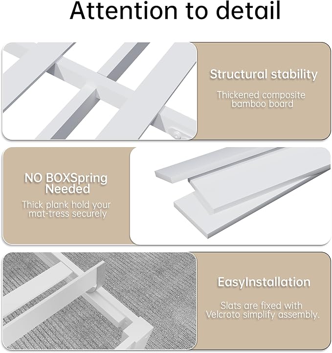 14 Inch Bamboo Bed Frame – Solid Wood Platform Bed Frame, Strong and Stable, with Non-Slip Slats for Support, No Box Spring Needed, Easy to Assemble, Noise-Free (White, Full)