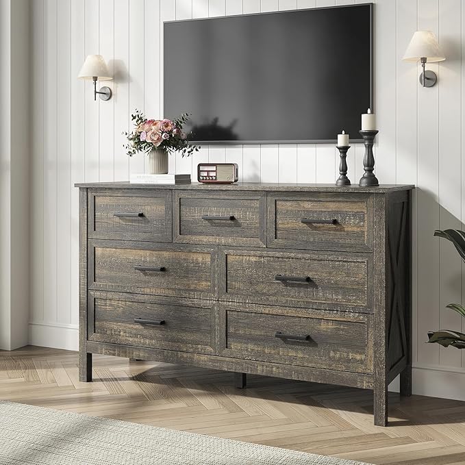 Farmhouse 7 Drawers Dresser for Bedroom, Wood Rustic Wide Chest with Natural Texture, Farmhouse Chest of Drawers for Bedroom, Hallway, Entryway, Dark Brown