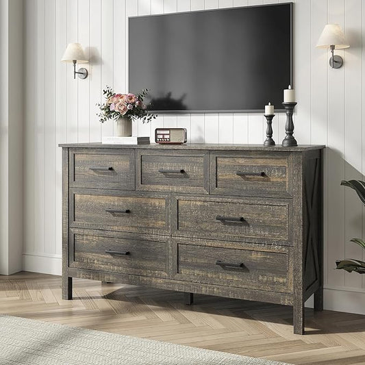 Farmhouse 7 Drawers Dresser for Bedroom, Wood Rustic Wide Chest with Natural Texture, Farmhouse Chest of Drawers for Bedroom, Hallway, Entryway, Dark Brown