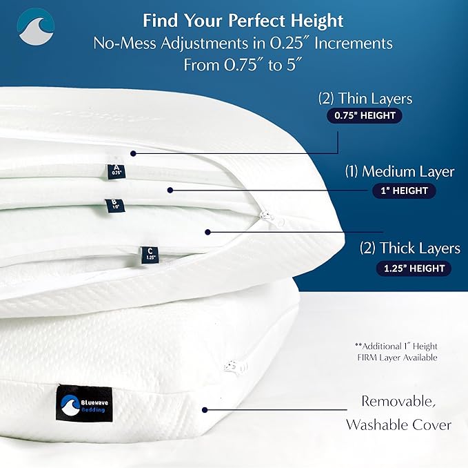 Bluewave Bedding Versalayer Adjustable Layer Pillow - Five Thin Memory Foam Pillows - 16 Height Adjustments from 0.75 to 5 Inches - for Stomach, Back, and Side Sleepers (Standard)