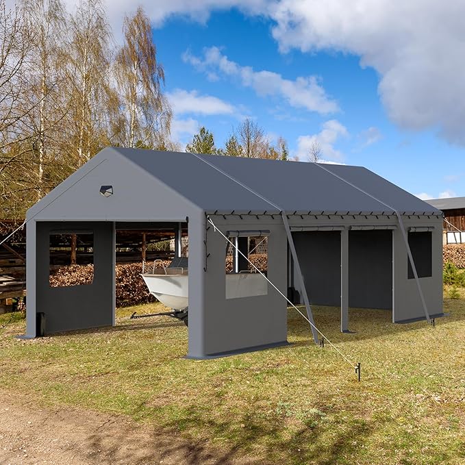 13x25 Carport Canopy, Heavy Duty Car Ports with Sidewalls, Portable Garage Carports with Roll Up Zipper End & Side Doors, Grey