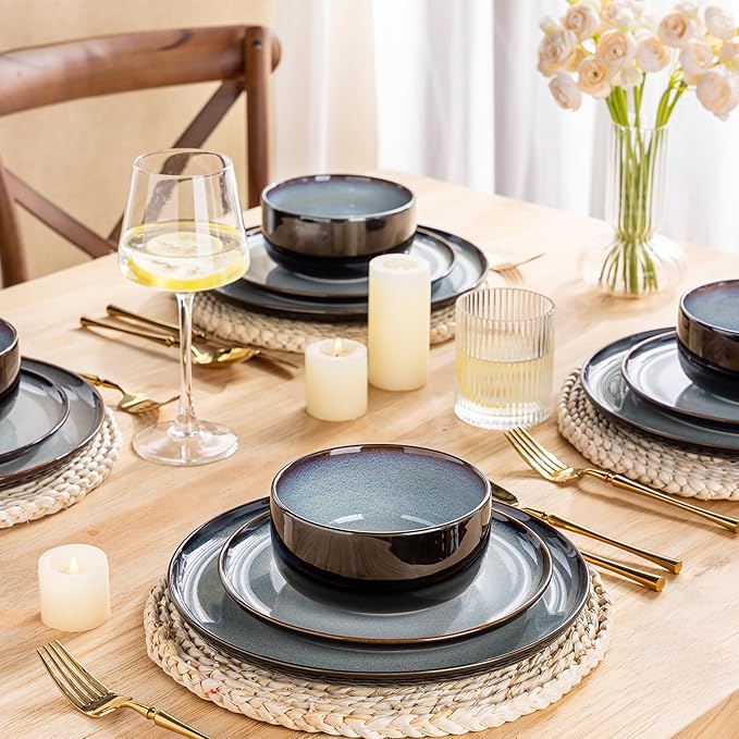 LERATIO Ceramic Dinnerware Sets for 4,12 Pieces Poreclain Plates and Bowls Sets,Scratch Resistant Dishes,Dishwasher & Microwave Safe,Oven Safe Dishes Set,Service for 4-Gray White