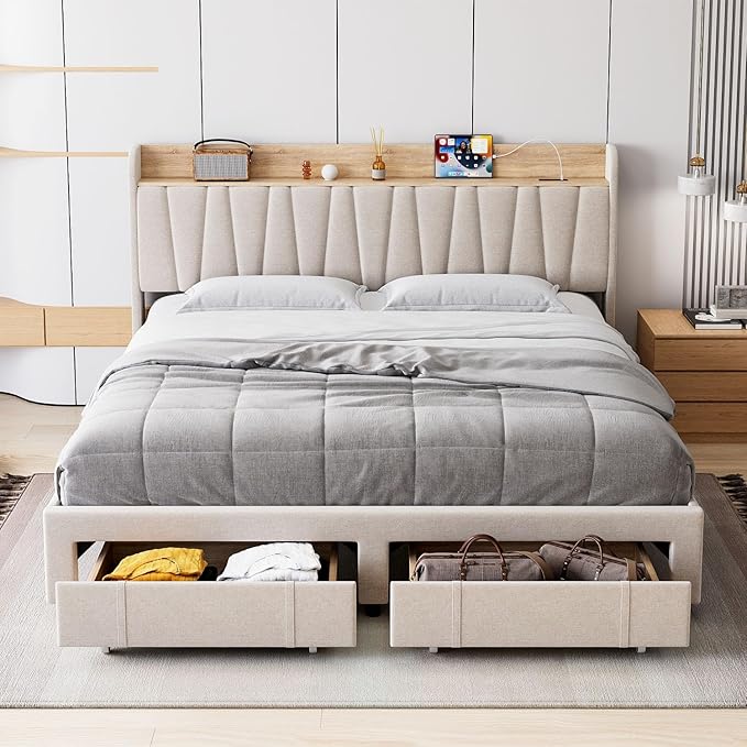 GarveeHome Bed Frame with Storage Headboard, Upholstered Platform Beds with Drawers, Charging Station, Noise-Free, No Box Spring Needed, Easy Assembly, Beige