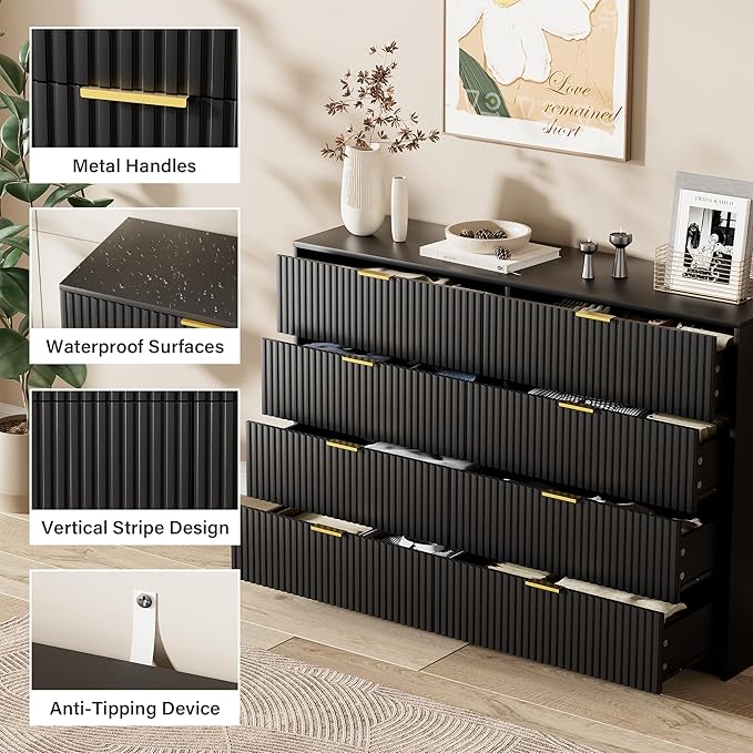 Black Dresser for Bedroom, Modern Dresser with 8 Drawers and Smooth Slides, Wide Chest of Drawers with Golden Handles for Bedroom, Closet, 15.7" D x 55" W x 37.4" H