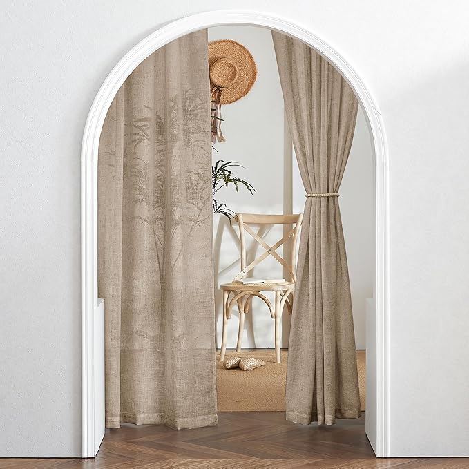 RYB HOME Linen Sheer Curtains for Living Room, Boho Classic Linen Blend Elegant Light Filtering Privacy Protected Panels for Bedroom Gym Room, Khaki, 52" W x 108" L, 2 Panels