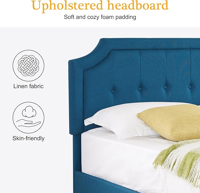 VECELO Queen Size Platform Bed Frame with Fabric Upholstered Headboard and Wooden Slats Support, No Box Spring Needed/Easy Assembly,Blue