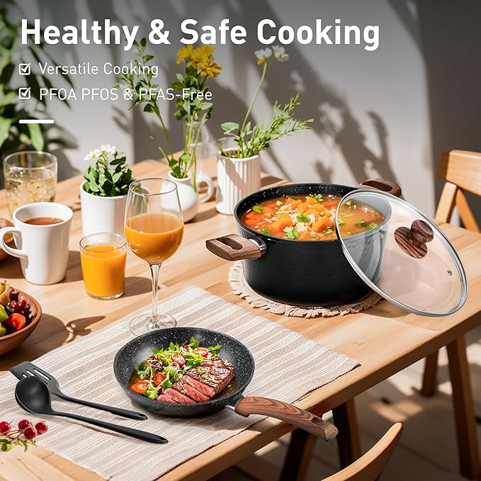 DishDelight 15 Piece Pots and Pans Set Non Stick, Induction Nonstick Kitchen Cookware Sets, Nonstick Induction Cookware with Frying Pans and Saucepan Set, Non-toxic Kitchen Cooking Set, Black