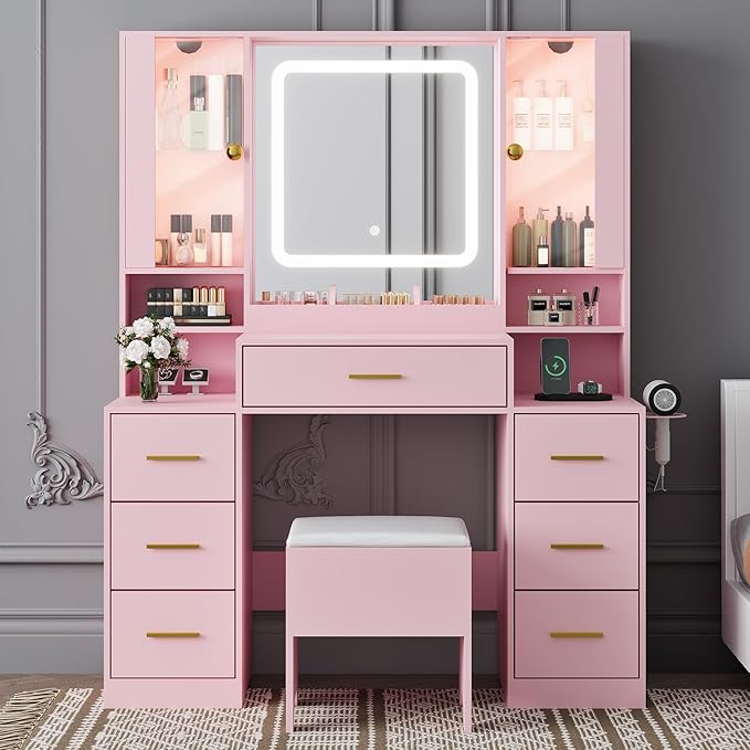 Makeup Vanity with LED Light Strip Mirror and Chair, 7 Drawers & 2 RGB Cabinets Pink Vanity Makeup Desk with Power Strip, Adjustable LED Lighting, and Cushioned Stool for Women, Girls, Teens