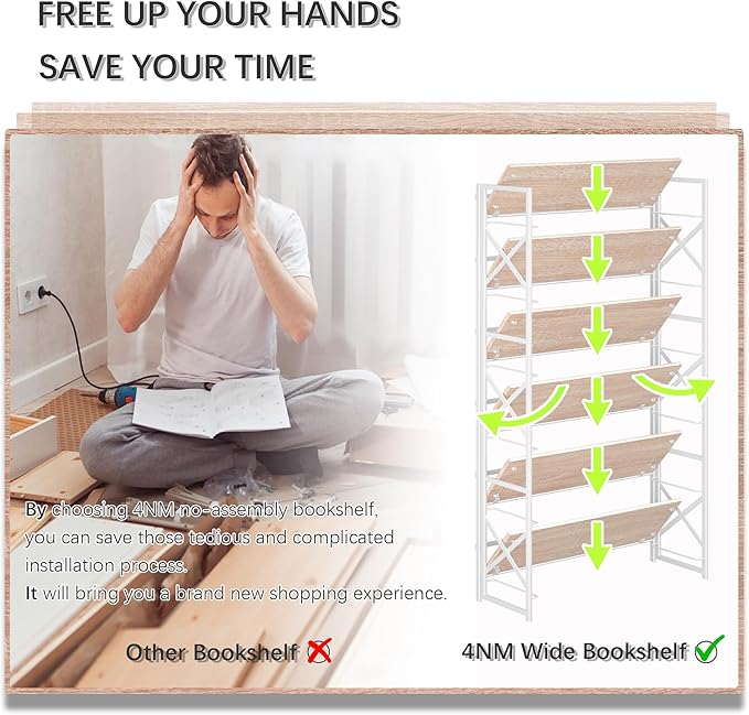 4NM Extra Wide 6 Tiers No Assembly Book Shelves, 61.8" H Folding Bookshelf Bookcase Open Industrial Foldable Shelves for Bedroom, Living Room, Home Office - Natural White