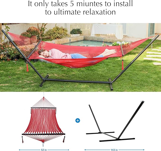 PNAEUT Soft-Spun Polyester Rope Double Hammocks with Stand for Outside, 2 Person Heavy Duty Steel Stand, Max 475 lbs Capacity (Ruby, with Stand)