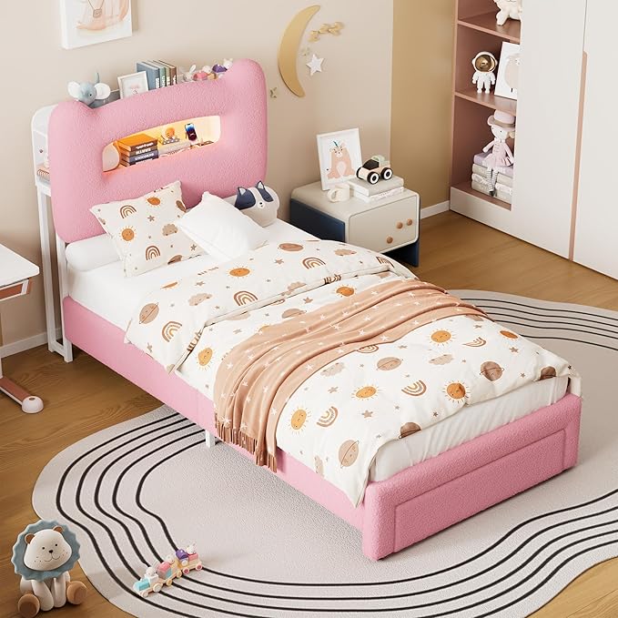GarveeHome Upholstered Twin Bed Frame with 2-Tier Storage Headboard, LED Platform Bed with Charging Station and Drawer for Kids/Girls/Boys, Heavy Duty Metal Support, No Box Spring Needed, Pink