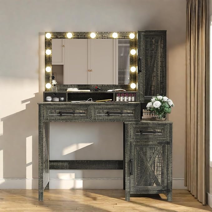 Makeup Vanity, Farmhouse Vanity with Square Mirror & Tricolor Lighting Adjustment, 43'' Fashion Makeup Desk with Two Spacious Drawers, Side Storage Cabinet & Built-in Charging Station, Brown