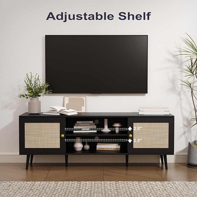 Rattan TV Stand for 55/65/70 inch TV, Boho 59" Entertainment Center with Storage, Modern Mid Century Media Console with Rattan Doors and Adjustable Shelf, Wood TV Stand for Living Room, Black