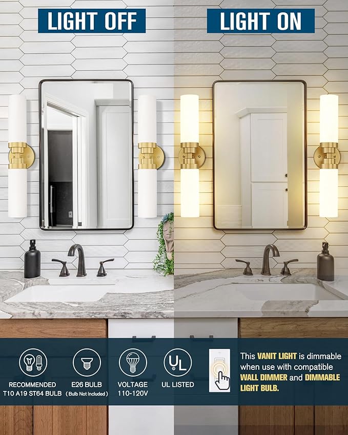 Emak Gold Vanity Lights for Mirror, 2-Light Bathroom Light Fixtures Over Mirror, Modern 21.69 Inch Wall Sconces with Milk Glass Shade for Bathroom, Bedroom, Hallway, VL085-GD-ML-2